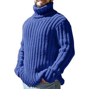 Men's Pullover Blue Turtleneck Sweaters Knitted Long Sleeve Fit Chunky Winter